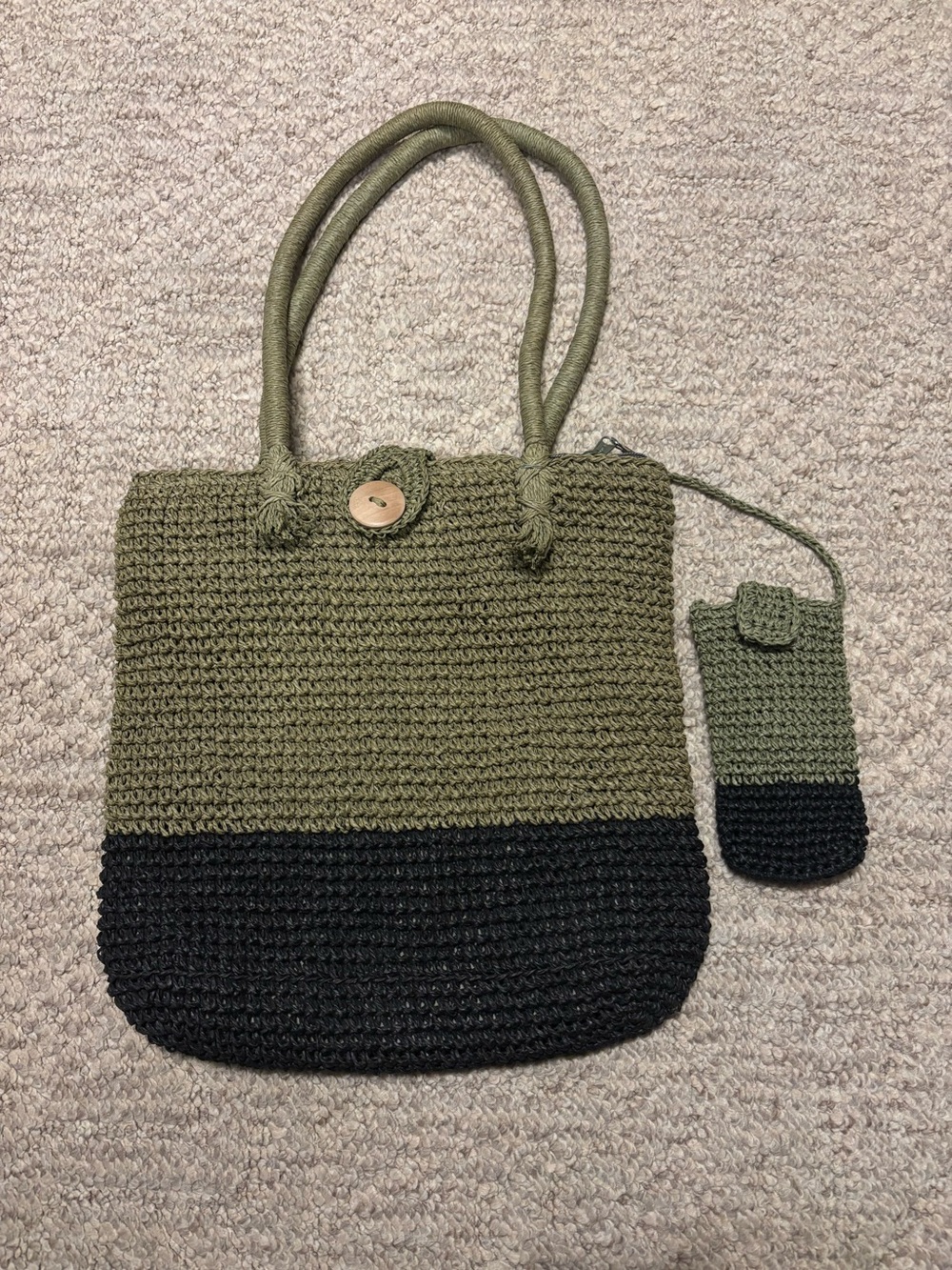 Olive Green and Black Crochet Tote Bag with Matching Pouch